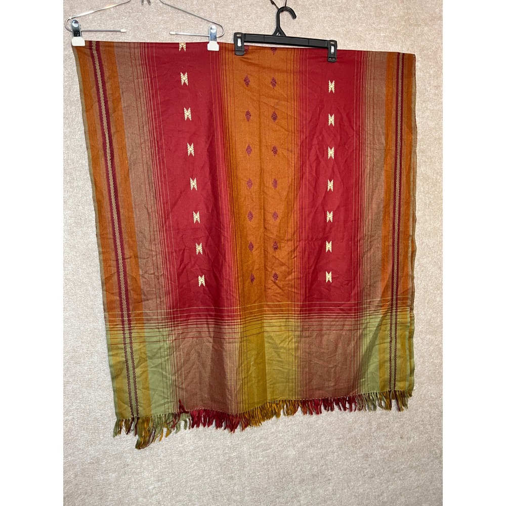 Woven Fringe Shawl Wrap Red Orange Striped Boho Festival Southwestern One Size